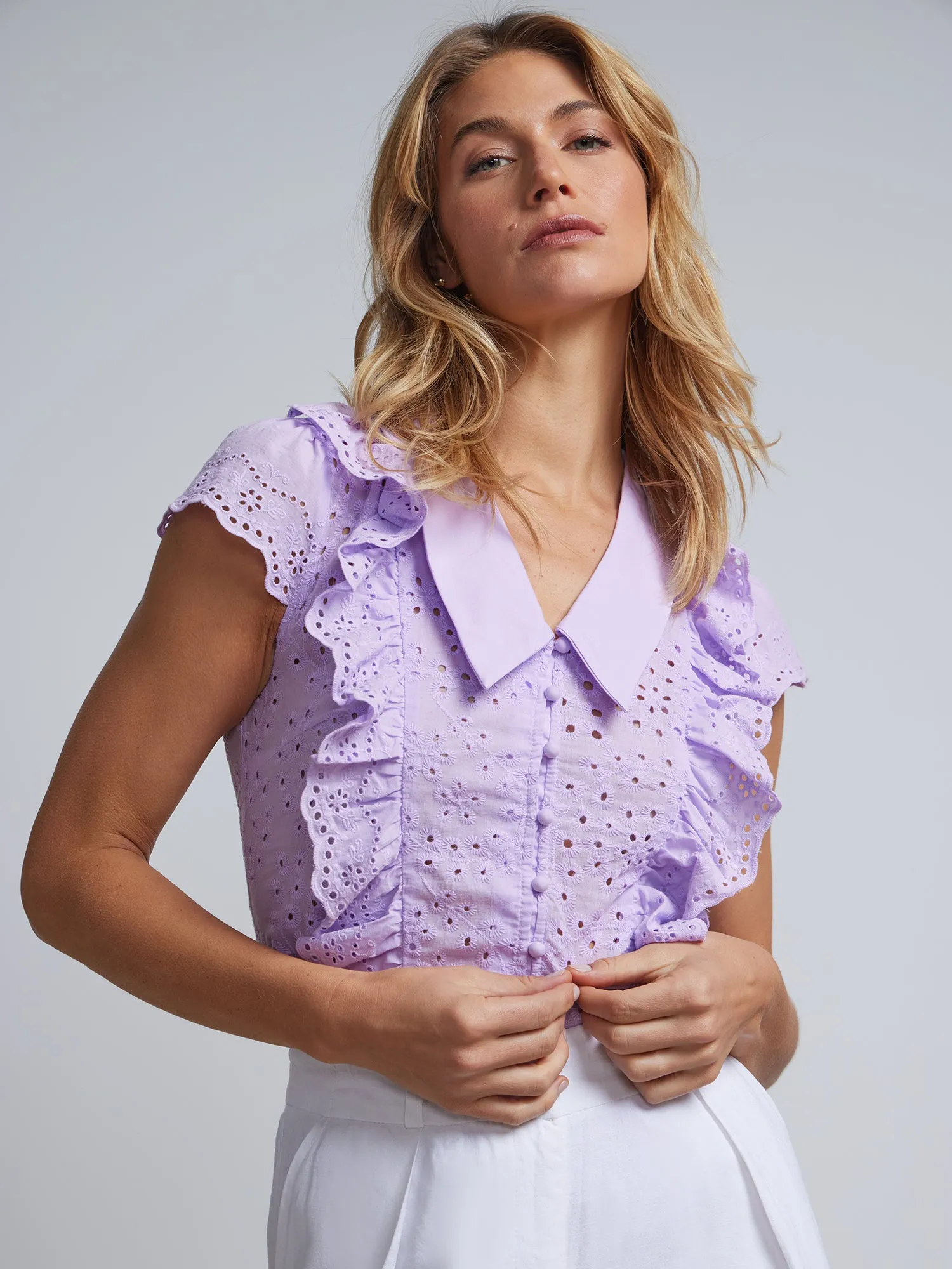 Eyelet Ruffle-Front Tie-Neck Blouse