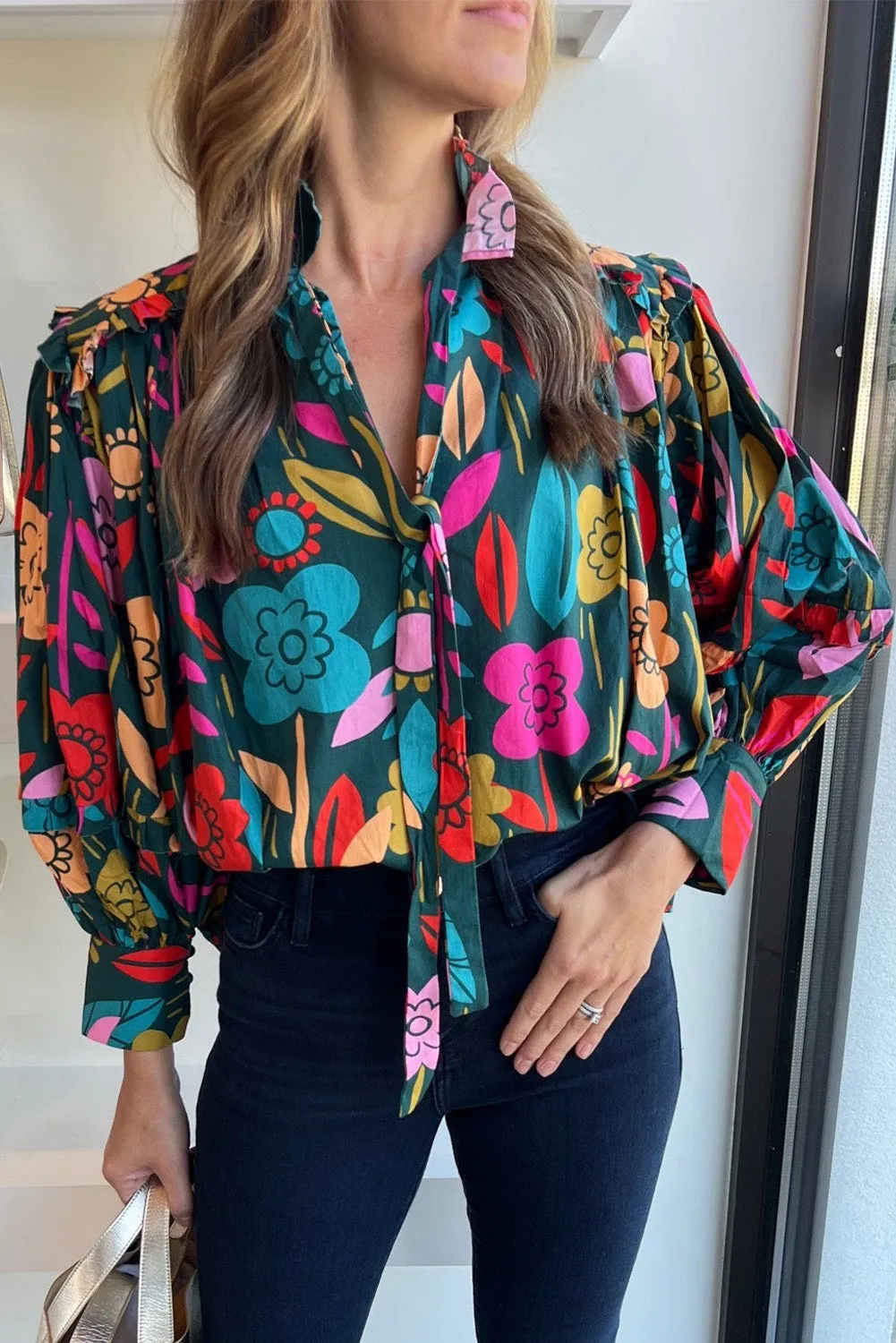 Floral Tie Collar Puff Sleeve Blouse