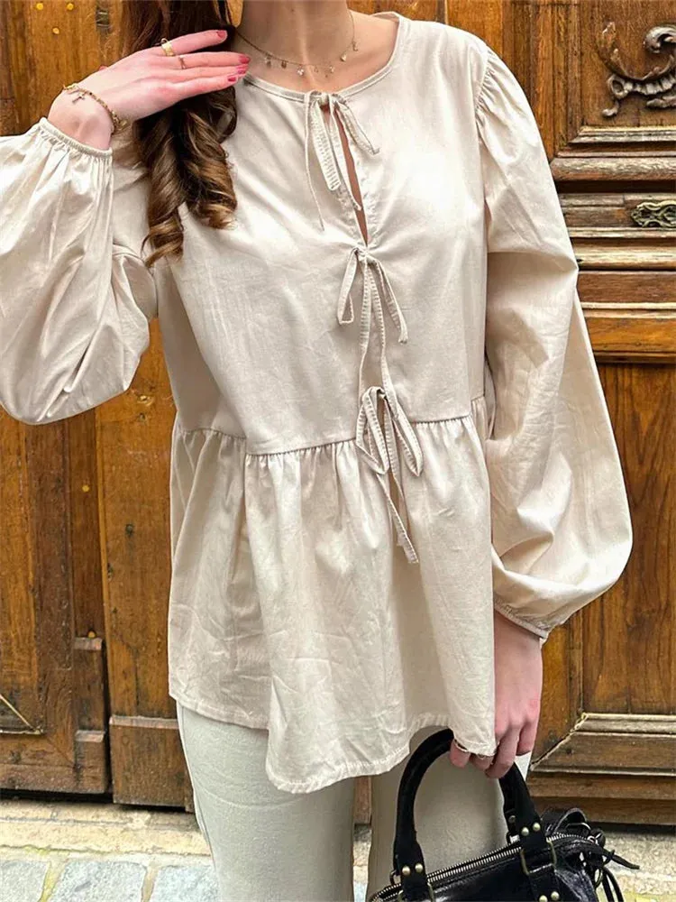 Front Lace-up Long Sleeve Round Neck Loose Fit Casual Solid Blouse for Women