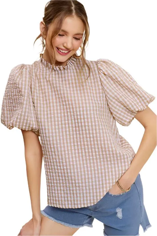 Gingham Check Print Puff Sleeve Top