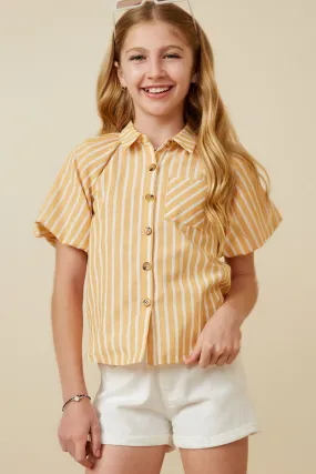 Girls Striped Puff Sleeve Button Up Poplin Shirt