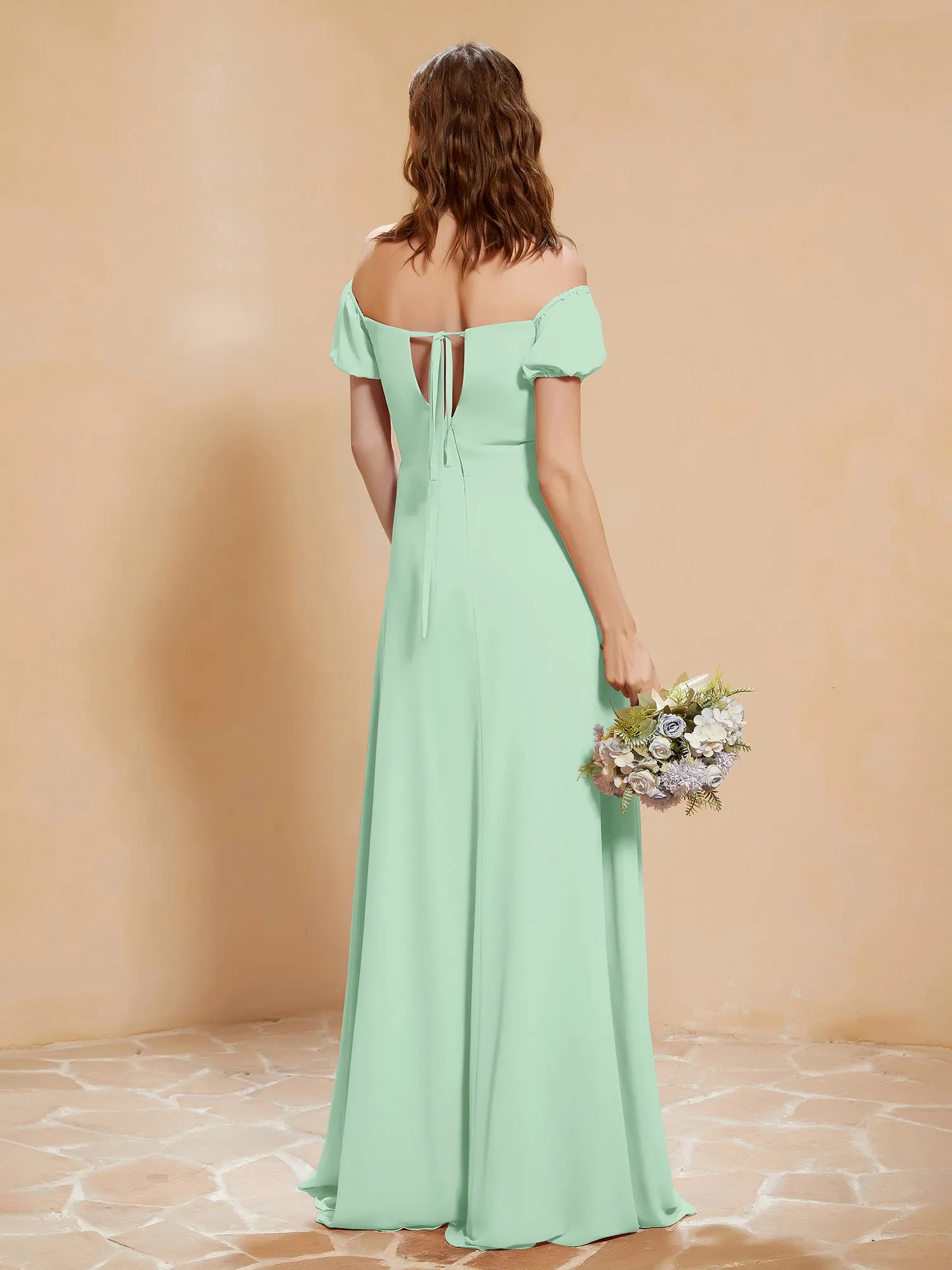 Half Sleeve Backless A-line Chiffon Dress Mint Green