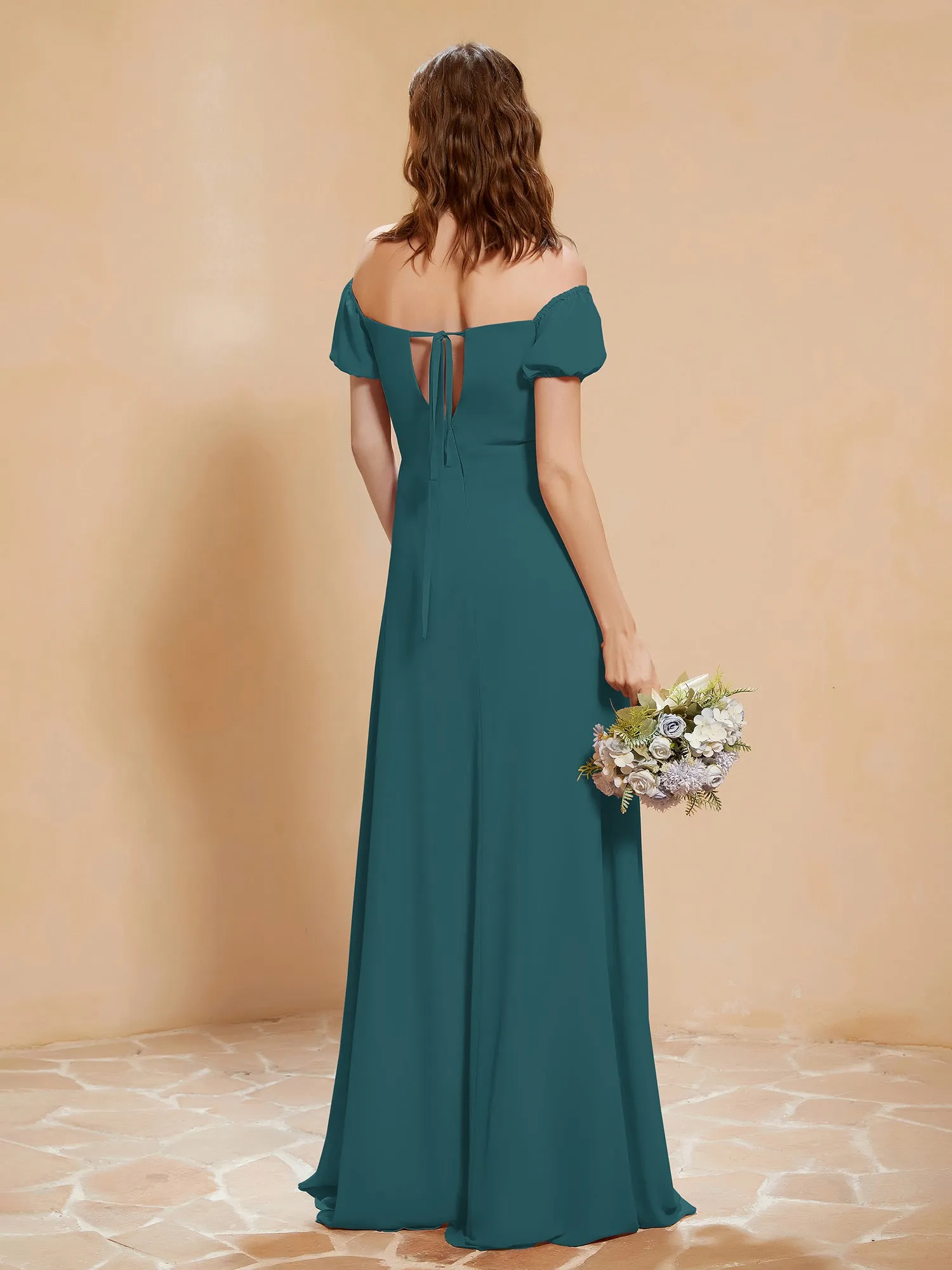 Half Sleeve Backless A-line Chiffon Dress Peacock