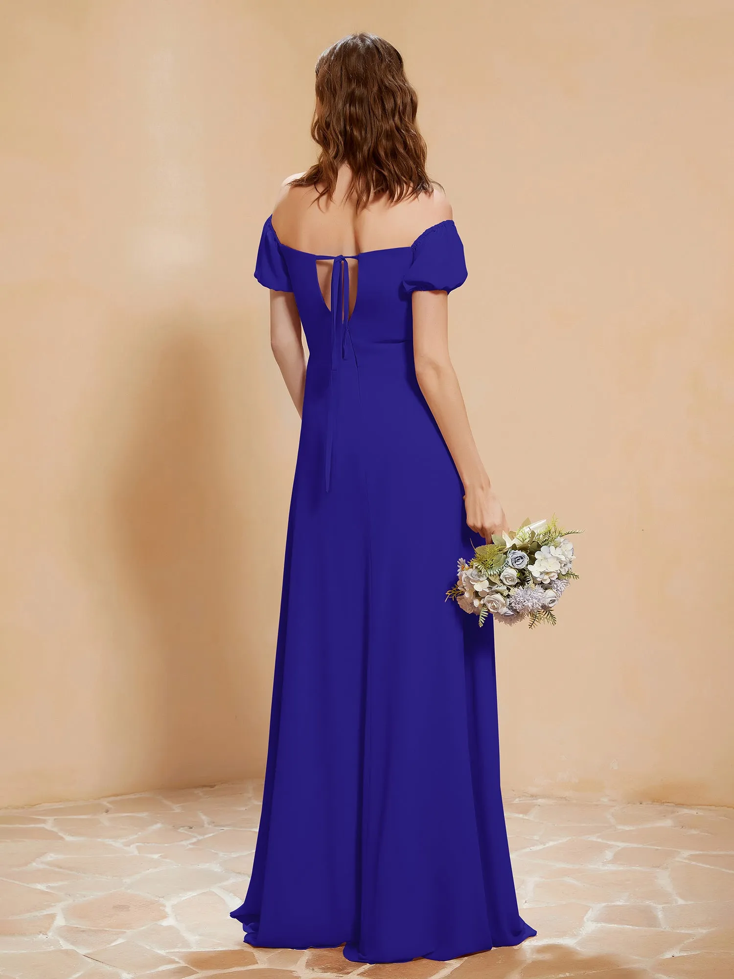 Half Sleeve Backless A-line Chiffon Dress Royal Blue