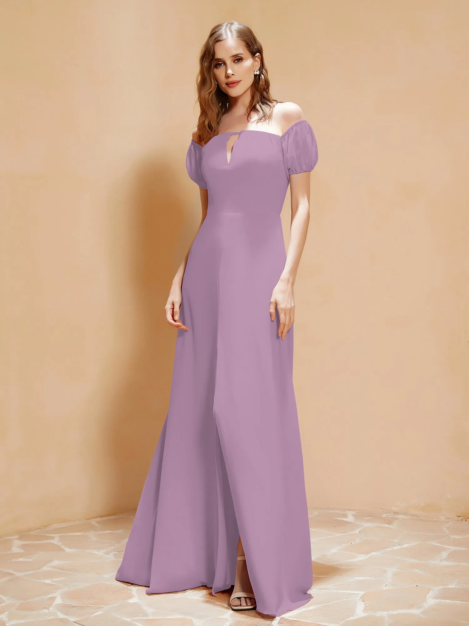 Half Sleeve Backless A-line Chiffon Dress Wisteria