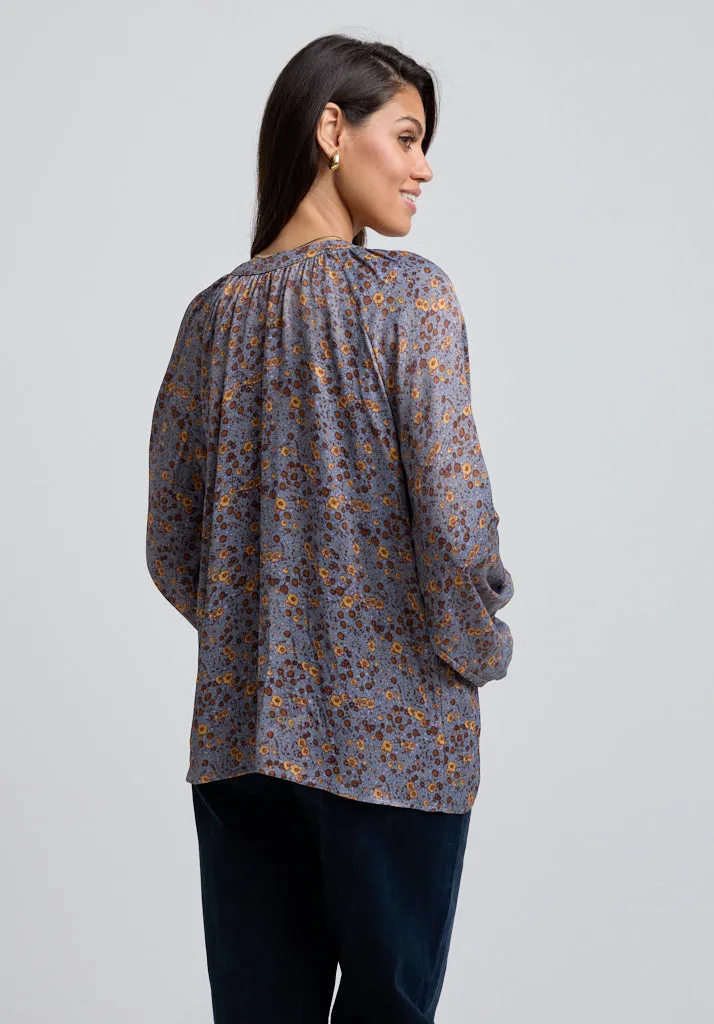 Helena Bow Detail Aster Print Blouse In Grey