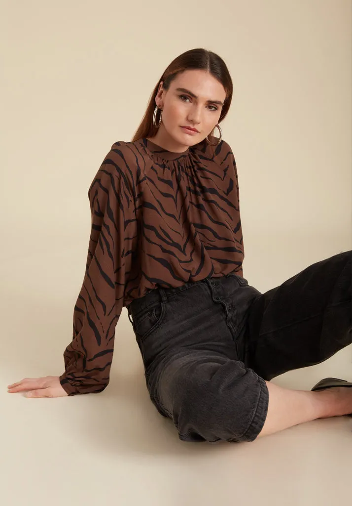 Helena Bow Detail Tiger Print Blouse In Brown