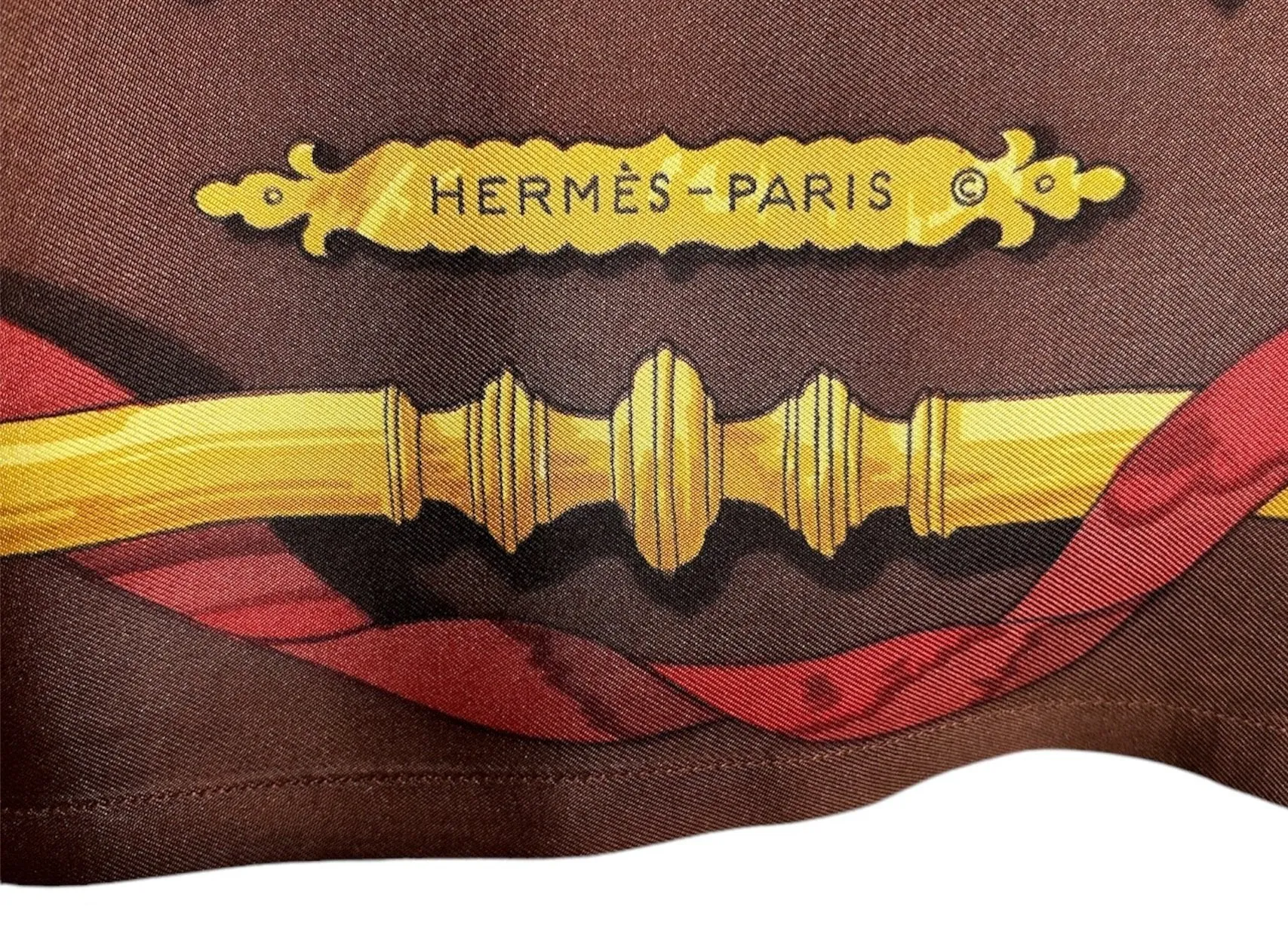 Hermes Golden Trinket and Red Ribbon Print Blouse with Tie