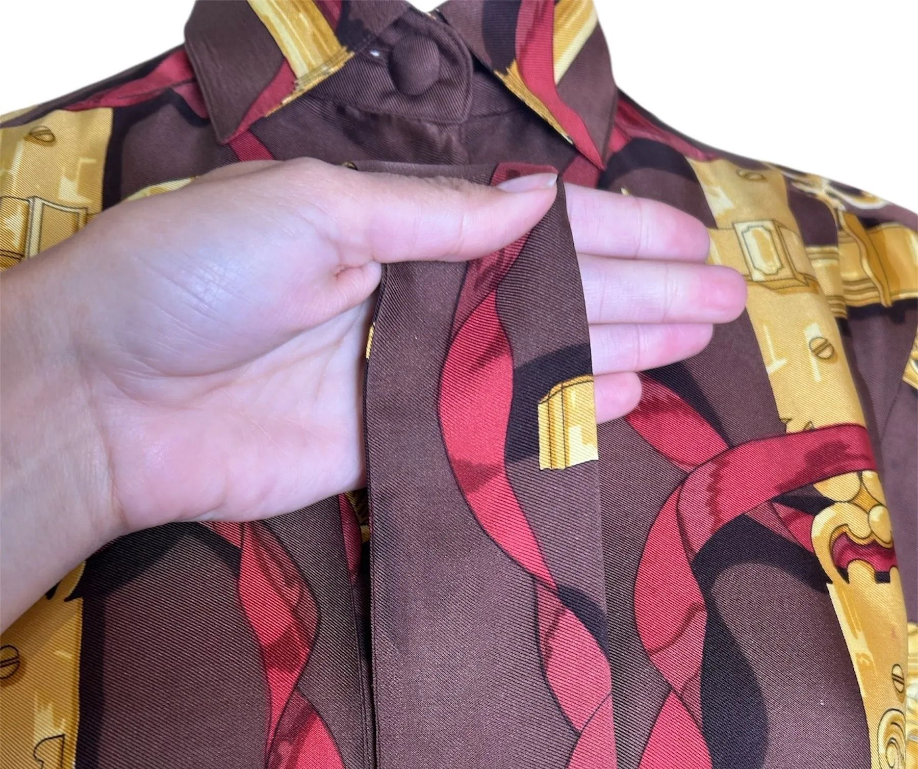 Hermes Golden Trinket and Red Ribbon Print Blouse with Tie