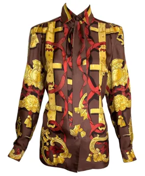 Hermes Golden Trinket and Red Ribbon Print Blouse with Tie