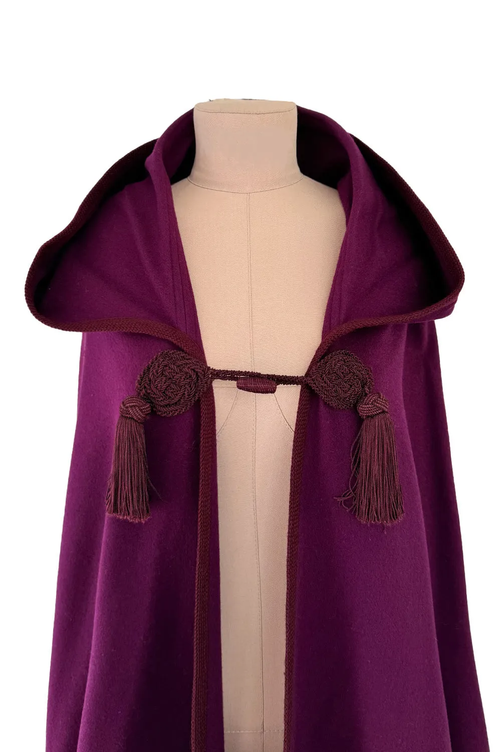 Iconic Fall 1976 Yves Saint Laurent Deep Purple Hooded Cape w Braided Edges & Tassel Details