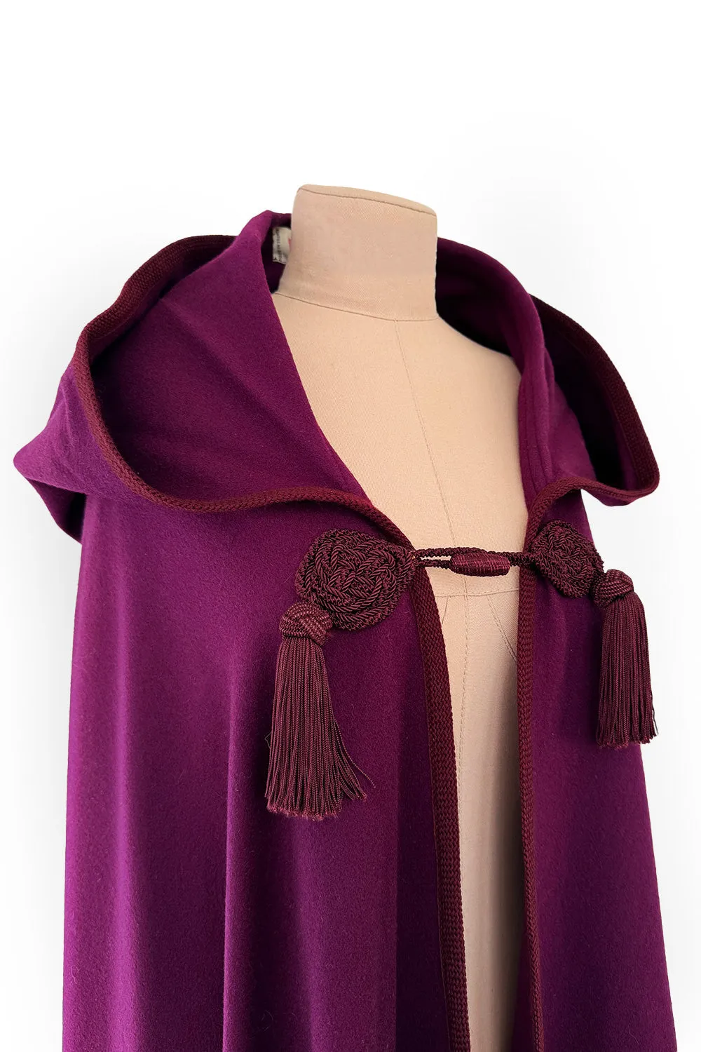 Iconic Fall 1976 Yves Saint Laurent Deep Purple Hooded Cape w Braided Edges & Tassel Details