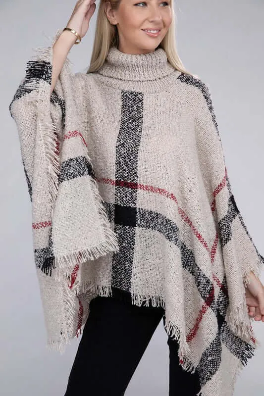 Ivory Black Turtleneck Plaid Knit Pancho