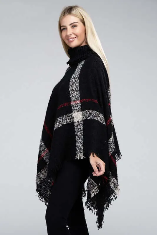 Ivory Black Turtleneck Plaid Knit Pancho