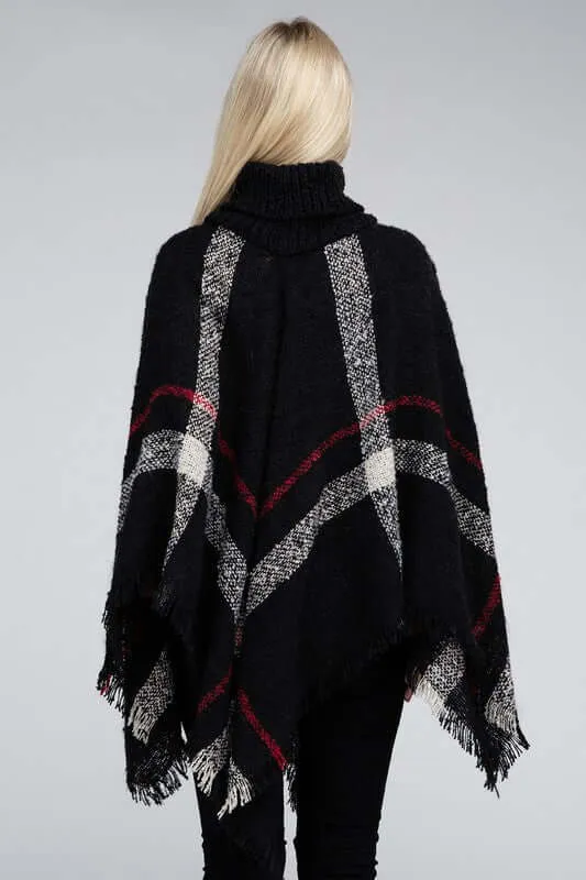 Ivory Black Turtleneck Plaid Knit Pancho