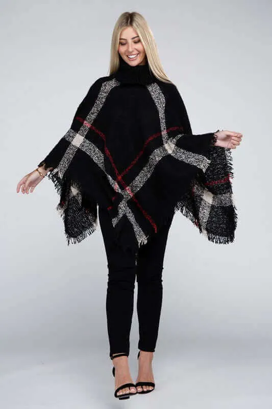 Ivory Black Turtleneck Plaid Knit Pancho