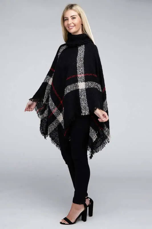 Ivory Black Turtleneck Plaid Knit Pancho