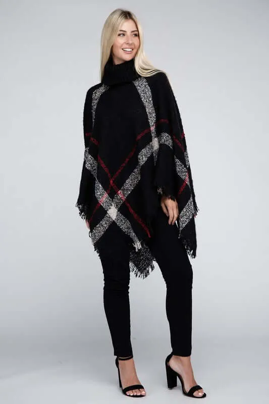 Ivory Black Turtleneck Plaid Knit Pancho