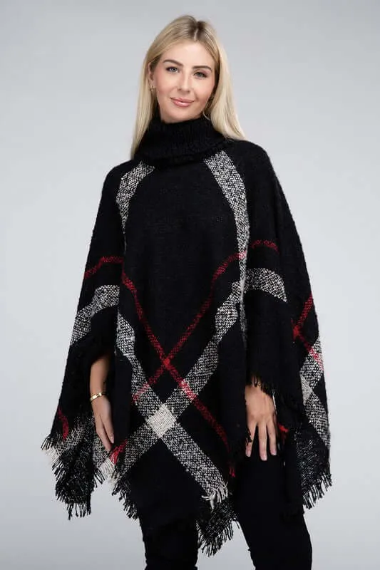 Ivory Black Turtleneck Plaid Knit Pancho