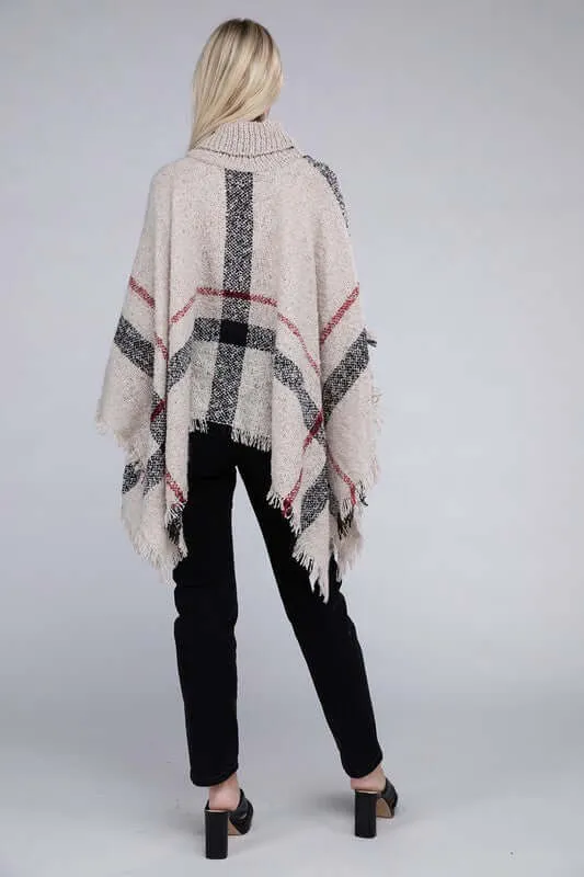 Ivory Black Turtleneck Plaid Knit Pancho