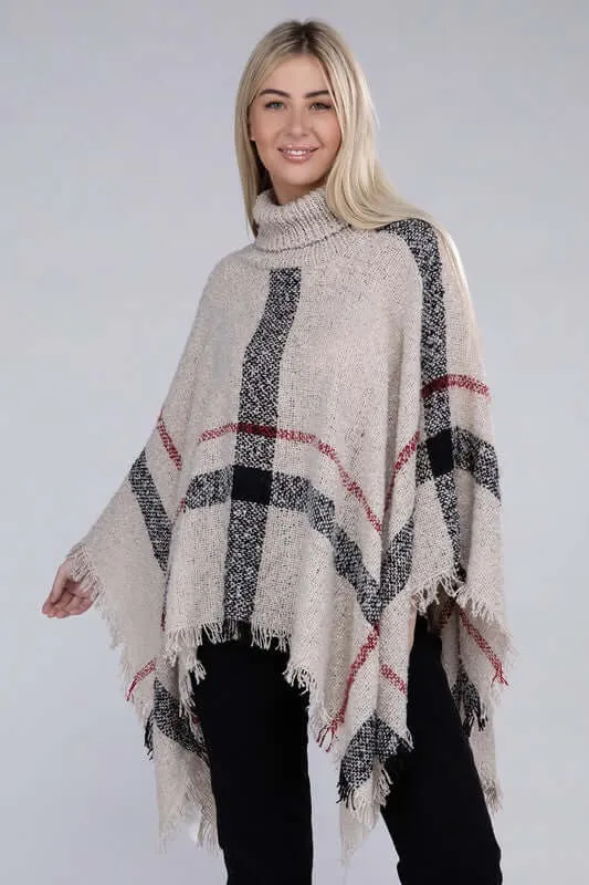 Ivory Black Turtleneck Plaid Knit Pancho