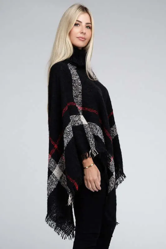 Ivory Black Turtleneck Plaid Knit Pancho