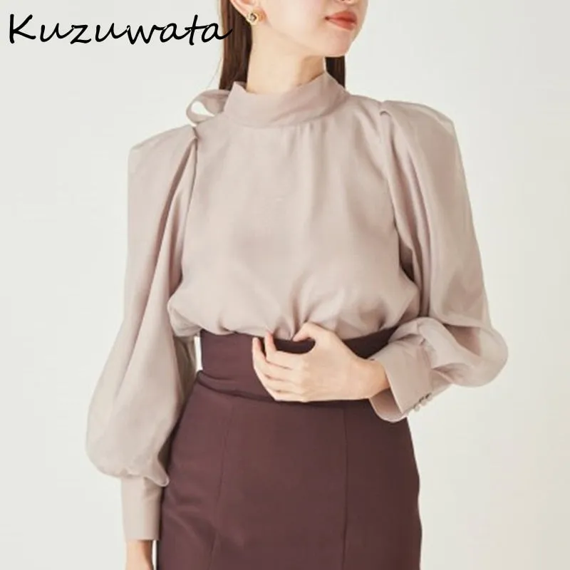 Joskaa Christmas Gift Kuzuwata 2024 Autumn Winter New Women Blusas Japanese Office Lady Sweet Blouses Solid Puff Sleeve Bowknot Drawstring Shirts