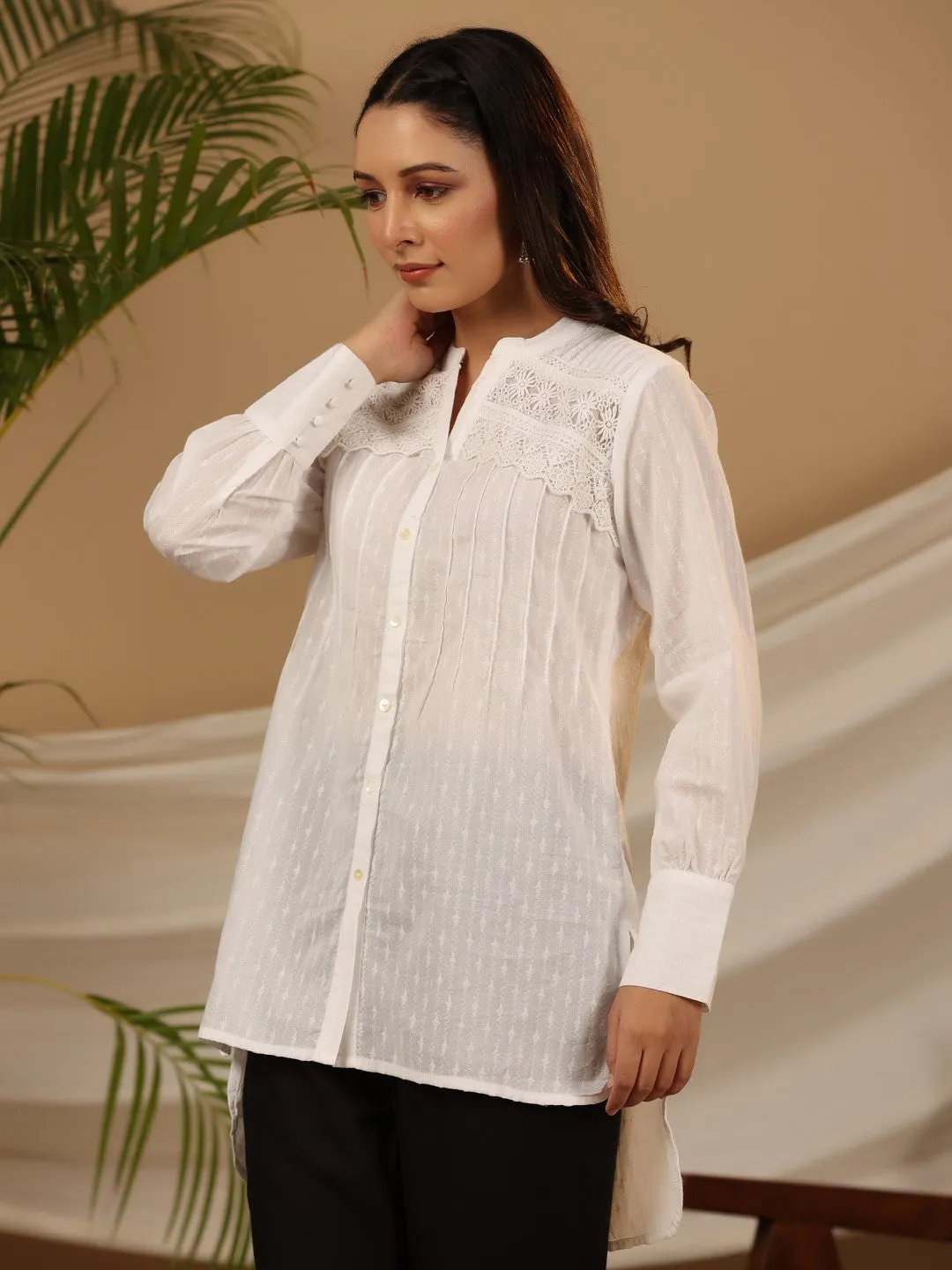 Juniper White Solid Cotton Dobby High- Low Lacy Tunic With Pin Tucks & Broad Cuffs