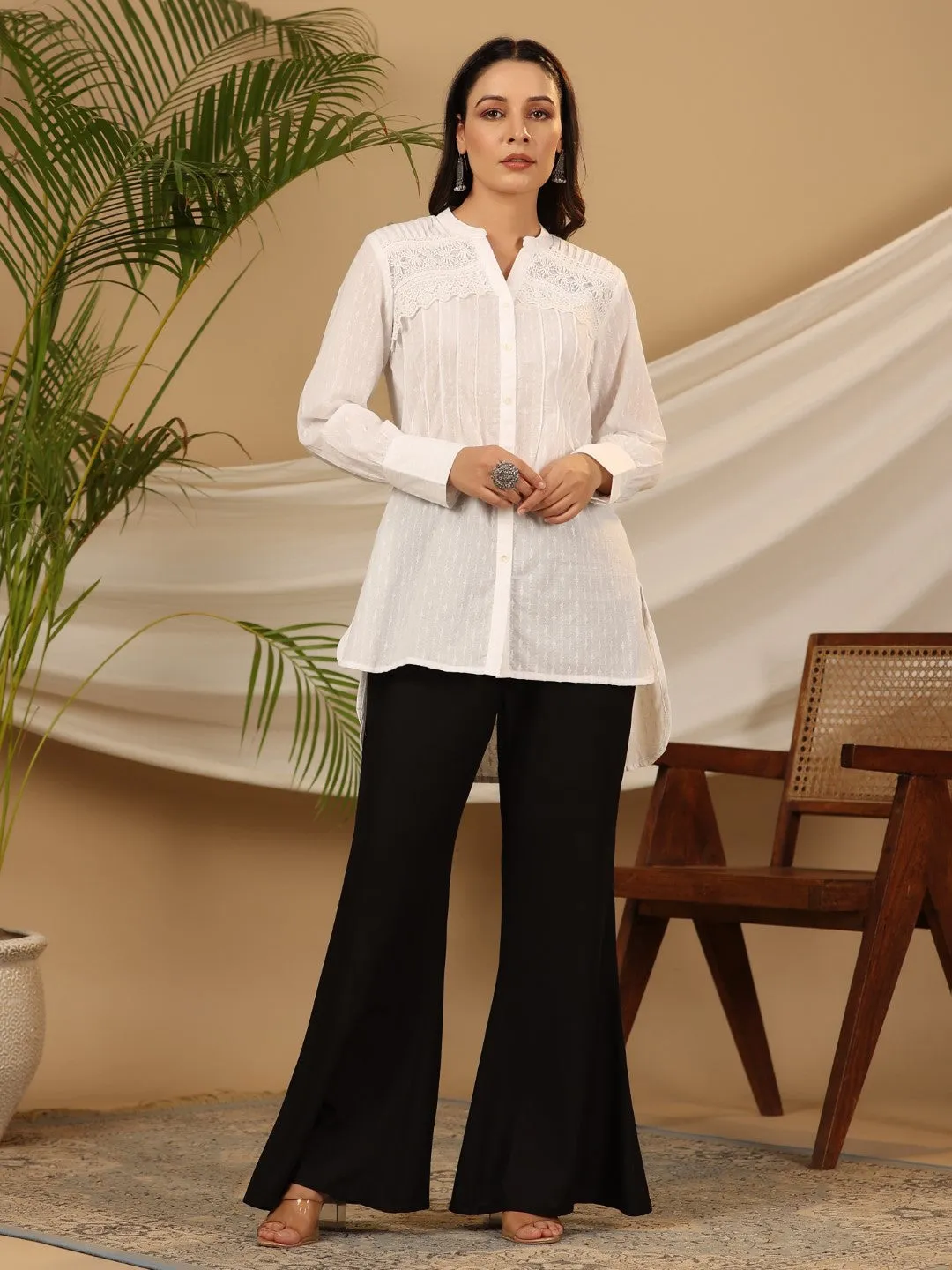 Juniper White Solid Cotton Dobby High- Low Lacy Tunic With Pin Tucks & Broad Cuffs