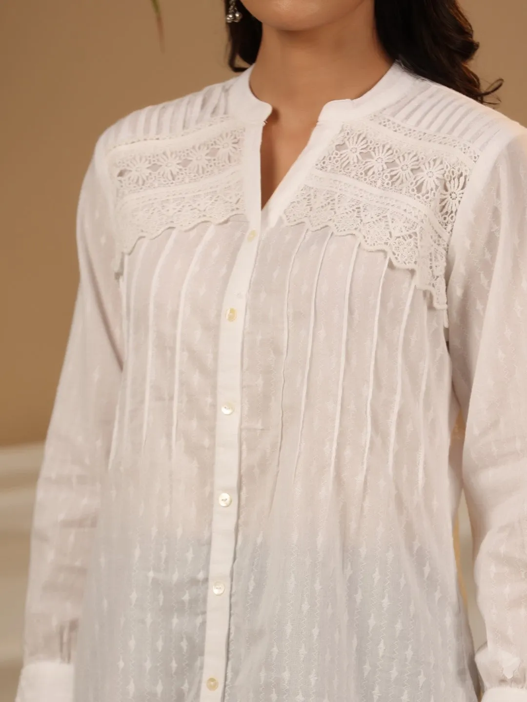 Juniper White Solid Cotton Dobby High- Low Lacy Tunic With Pin Tucks & Broad Cuffs