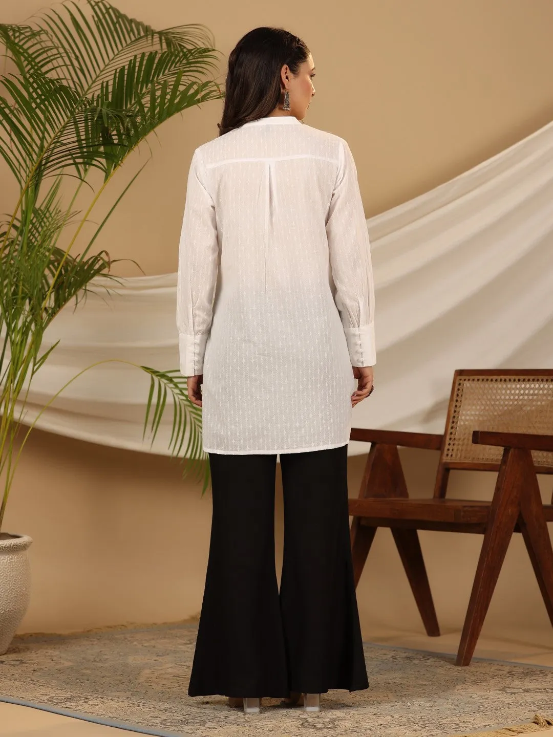 Juniper White Solid Cotton Dobby High- Low Lacy Tunic With Pin Tucks & Broad Cuffs