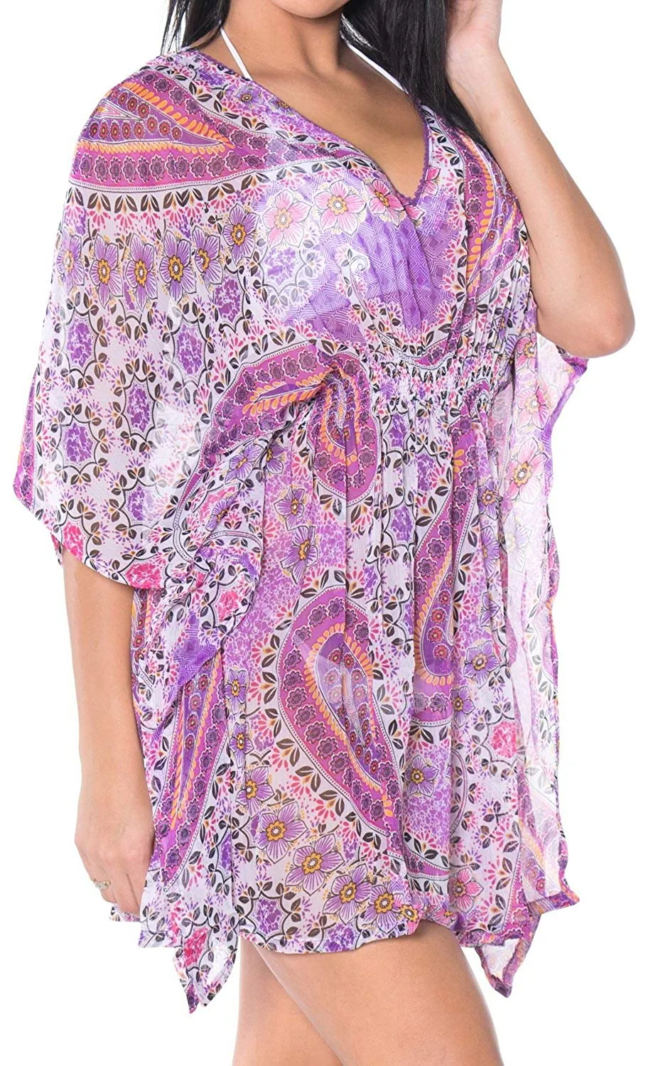 LA LEELA Chiffon Printed Sundress Girl Cover Up OSFM 8-18 [M-XL] Purple_5051