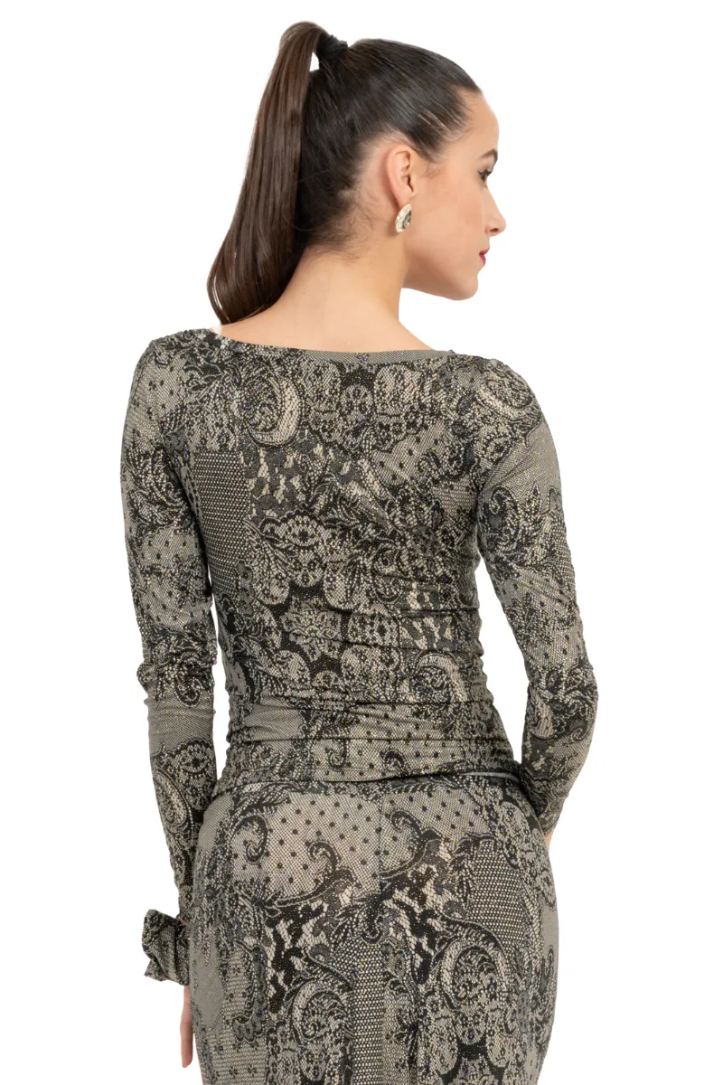 Lace Print Draped Neckline Long Sleeve Top