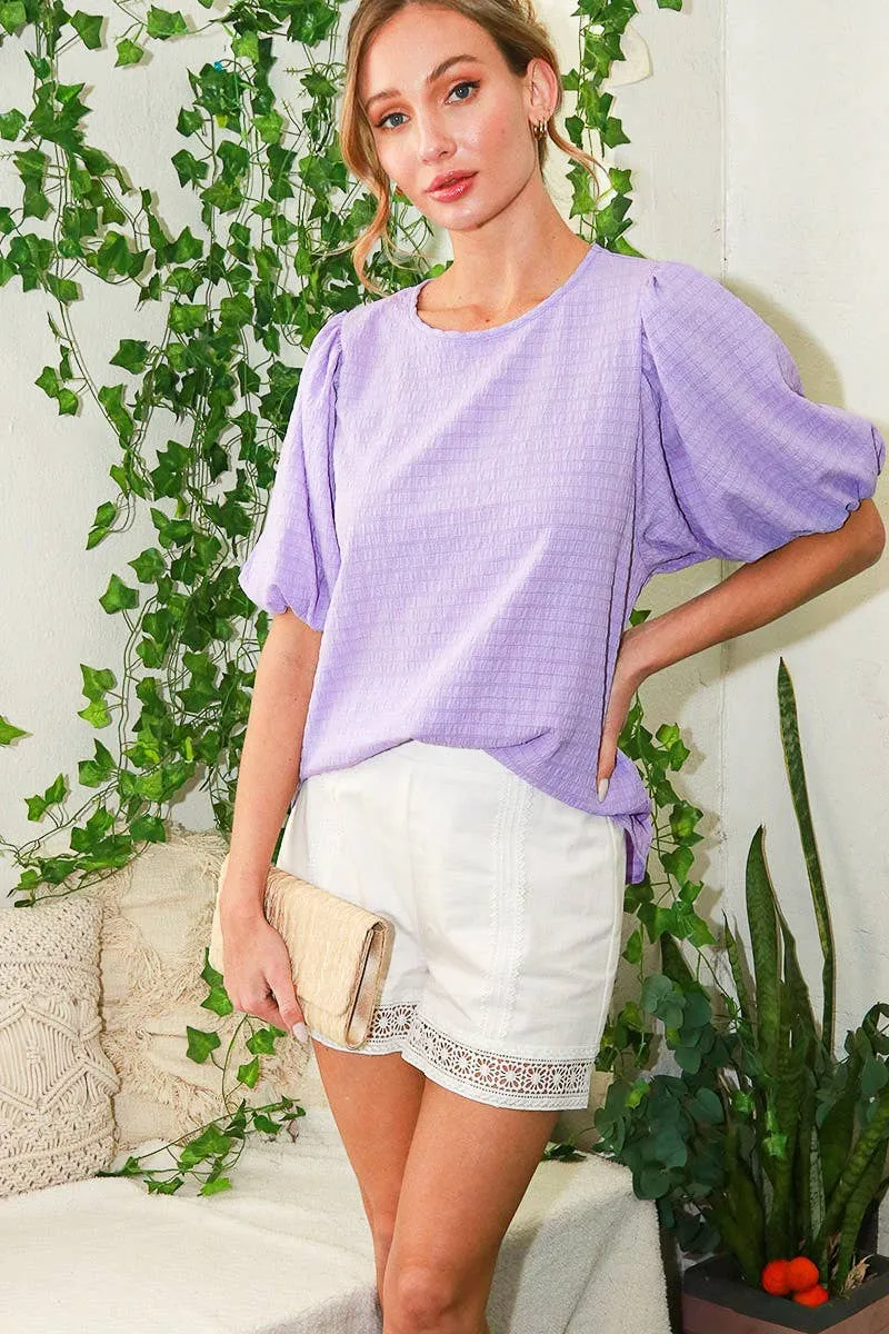 Lavender Puff Short Sleeve Textured Blouse