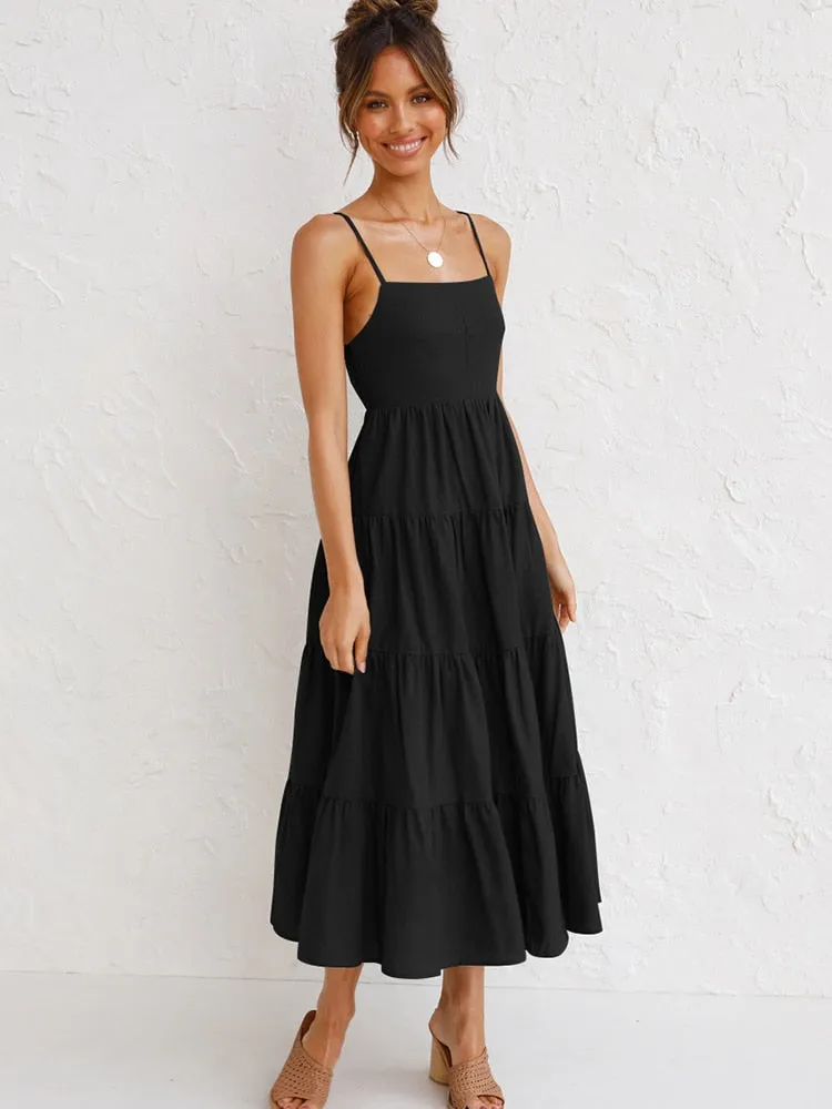 Long Lace-up Backless Dress with Spaghetti Straps