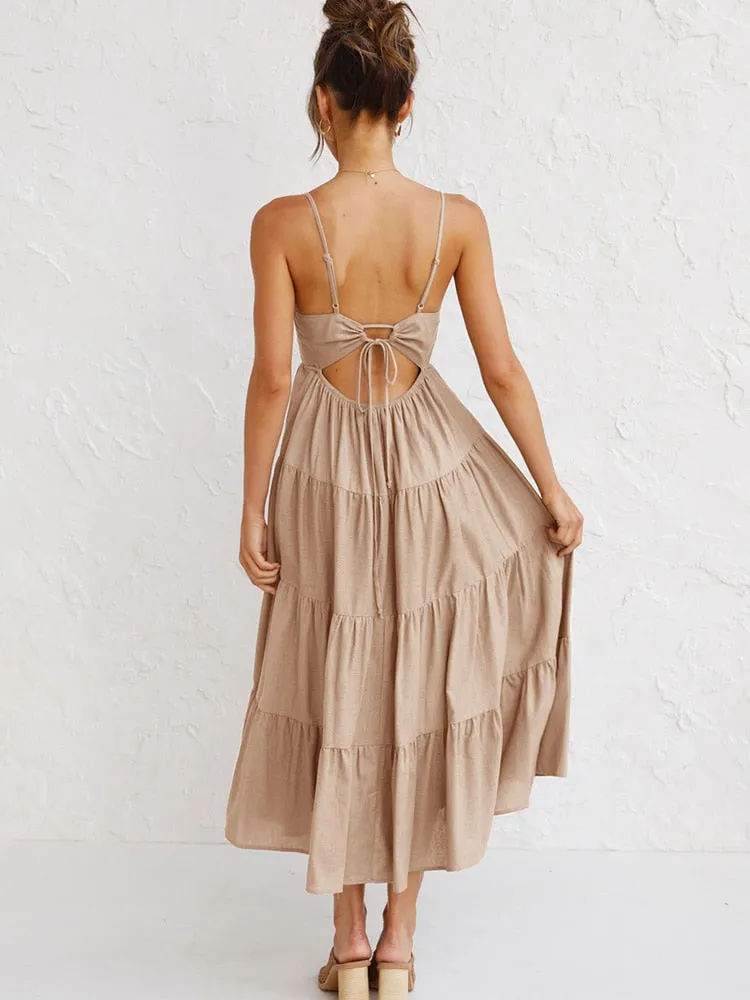 Long Lace-up Backless Dress with Spaghetti Straps