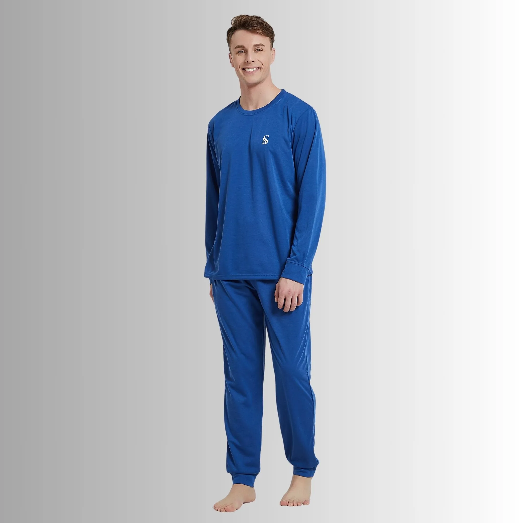 Men's Brushed Loungewear Set: Blue Jogger-Style Long-Sleeve Pyjamas.