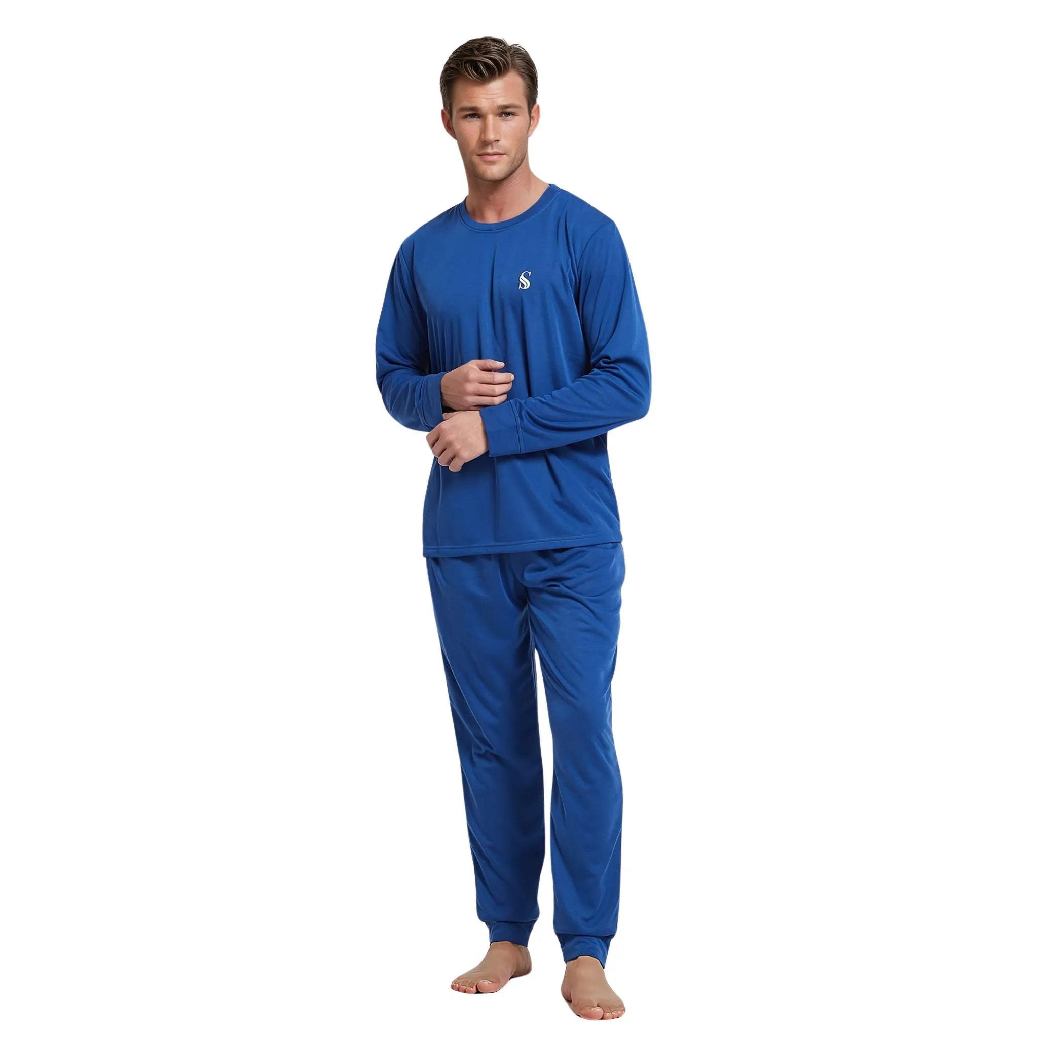 Men's Brushed Loungewear Set: Blue Jogger-Style Long-Sleeve Pyjamas.