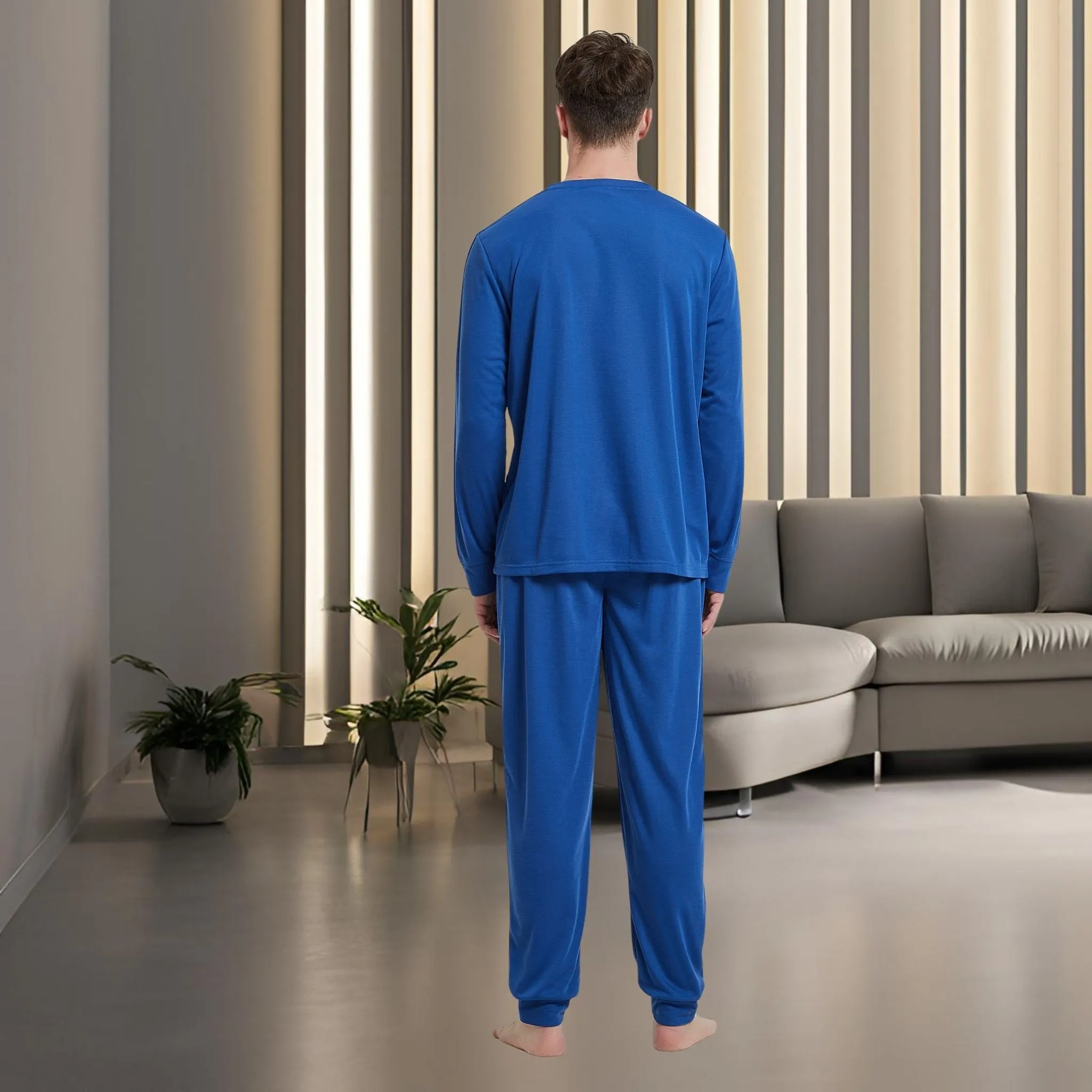 Men's Brushed Loungewear Set: Blue Jogger-Style Long-Sleeve Pyjamas.