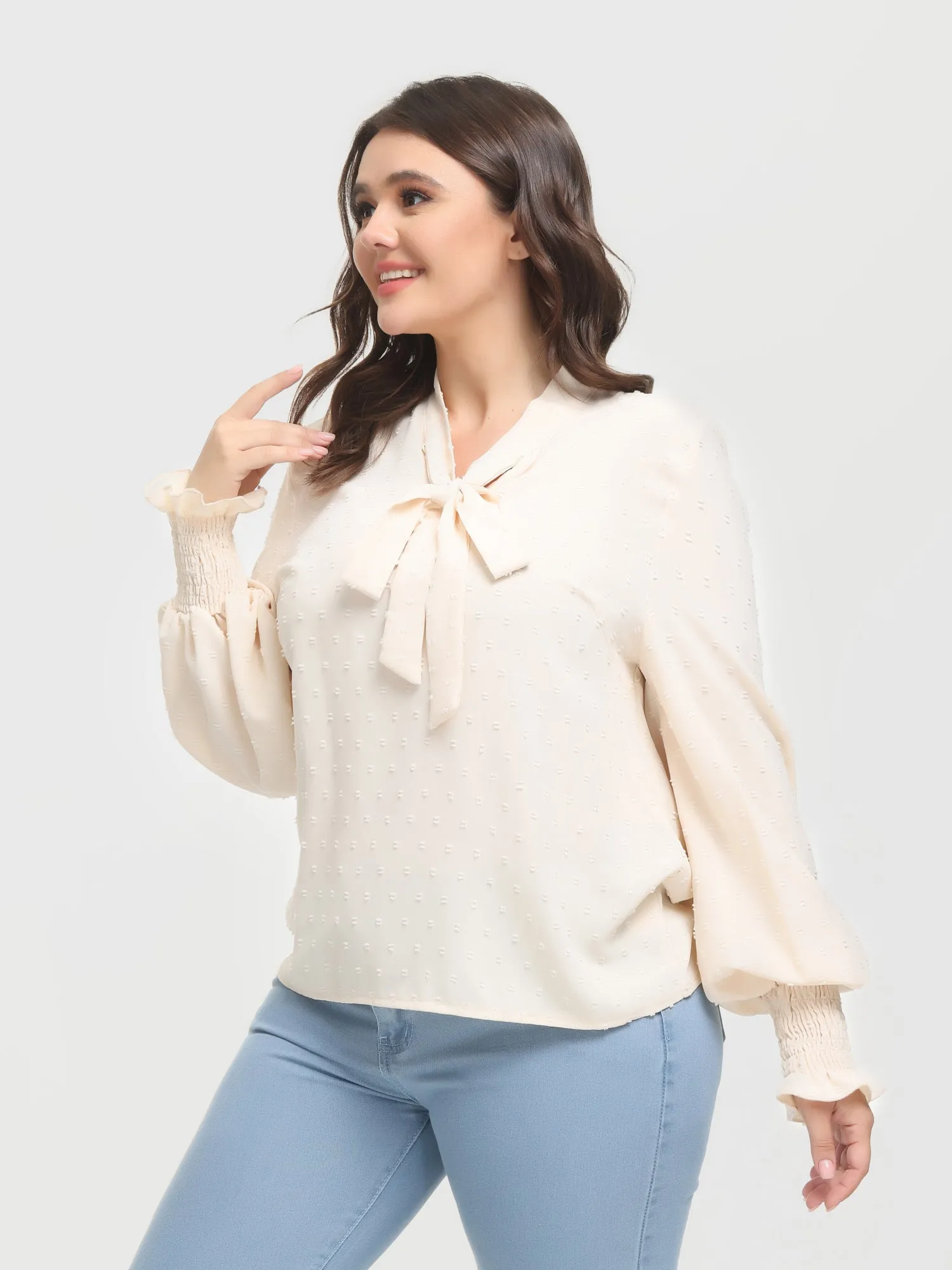 Midsize Shirring Long Sleeve Bow Blouse