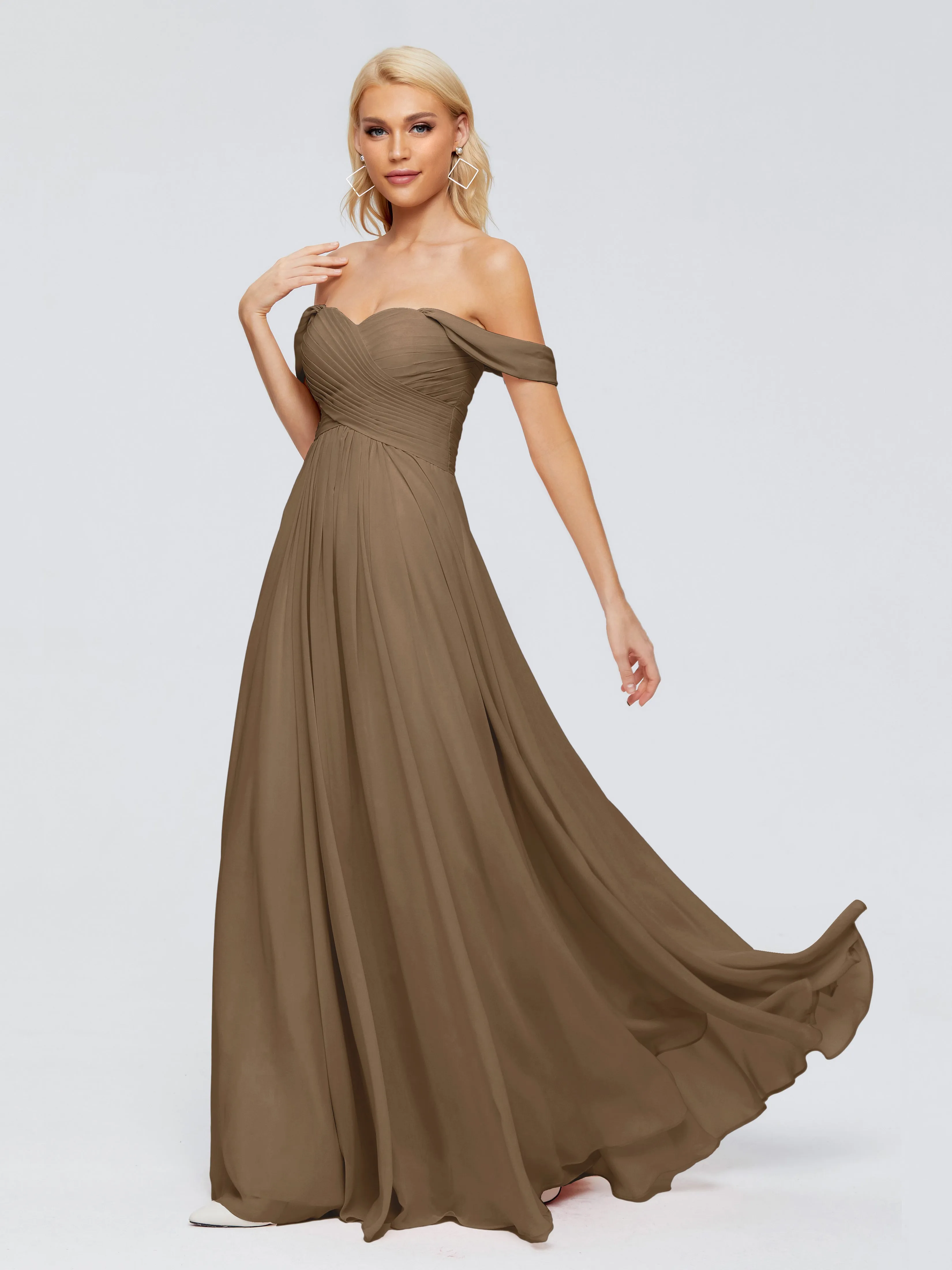 Mocha Coloured Bridesmaid Dresses Trinity A-line Off The Shoulder Long Chiffon Bridesmaid Dresses