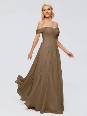 Mocha Coloured Bridesmaid Dresses Trinity A-line Off The Shoulder Long Chiffon Bridesmaid Dresses