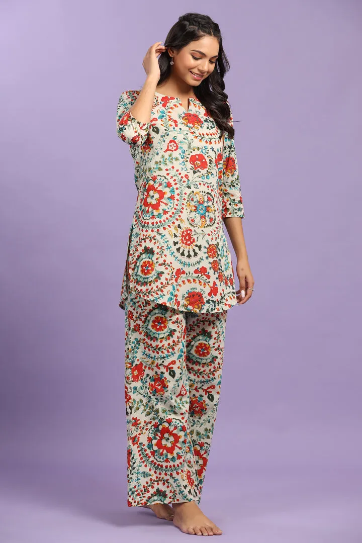 Multicoloured Bagh on White Cotton Palazzo Loungewear Set