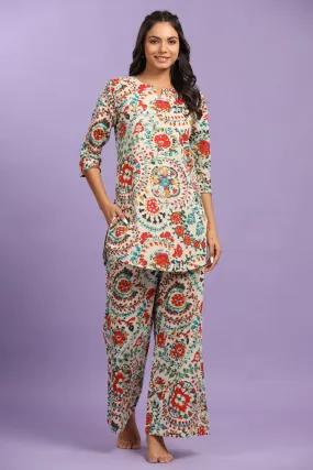 Multicoloured Bagh on White Cotton Palazzo Loungewear Set