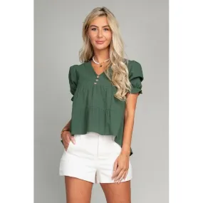 NUVI APPAREL Dark Green Button Front Puff Sleeve Blouse