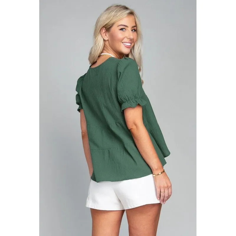 NUVI APPAREL Dark Green Button Front Puff Sleeve Blouse