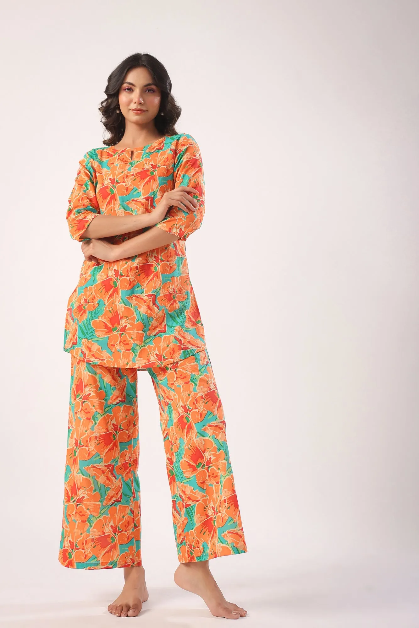 Orange Blooms on Sky Blue Palazzo Loungewear Set