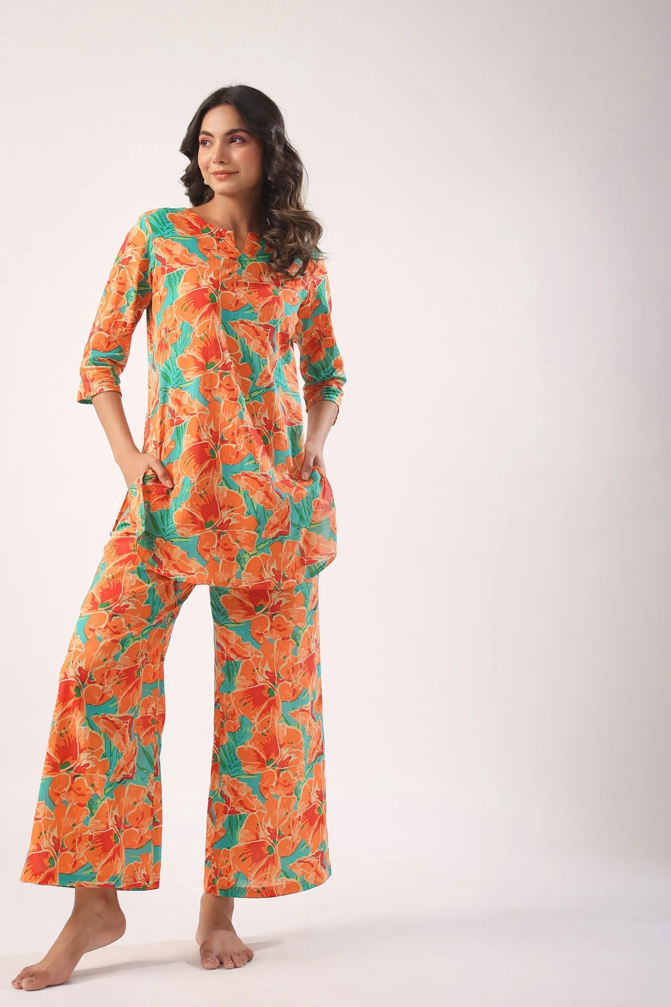 Orange Blooms on Sky Blue Palazzo Loungewear Set