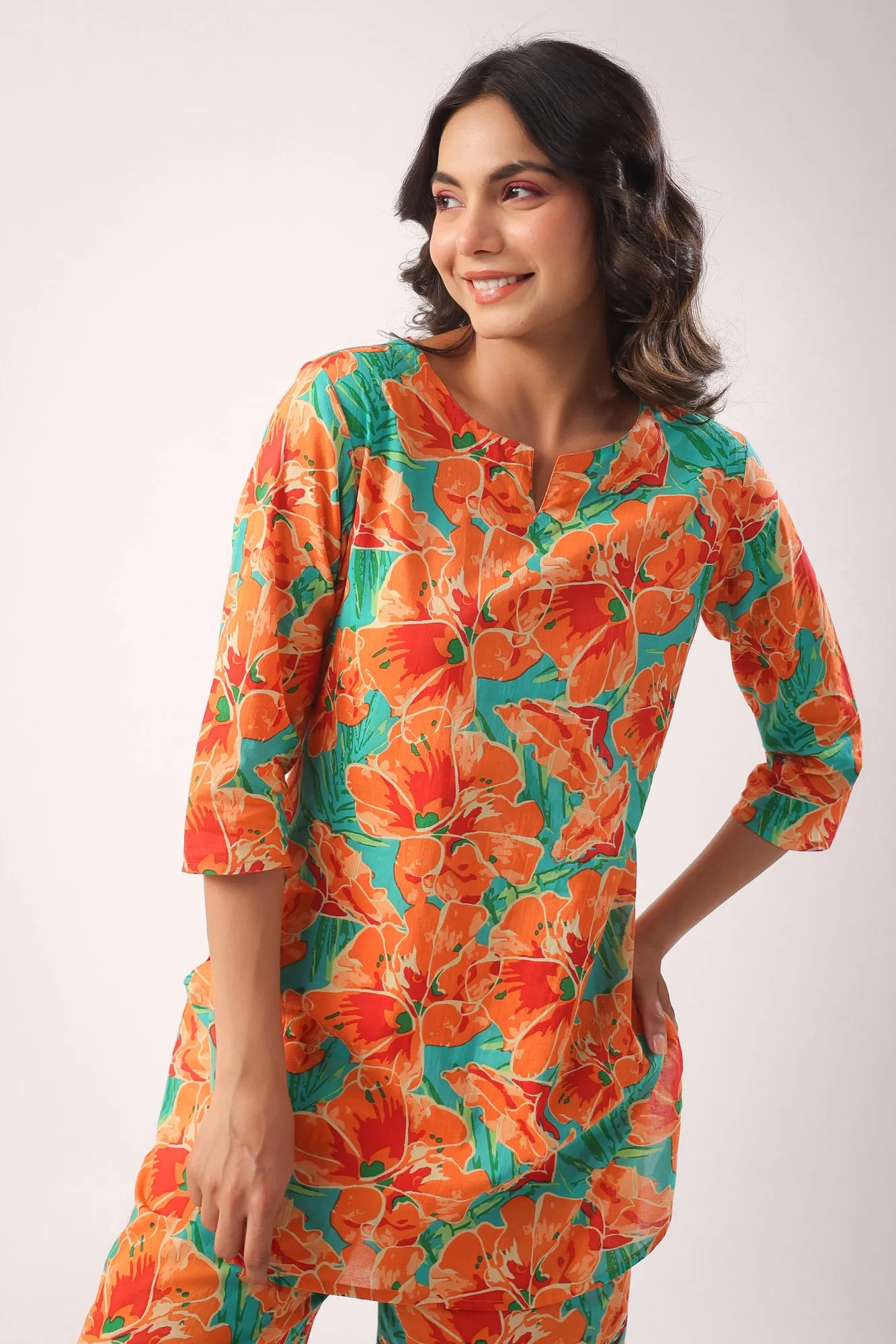 Orange Blooms on Sky Blue Palazzo Loungewear Set