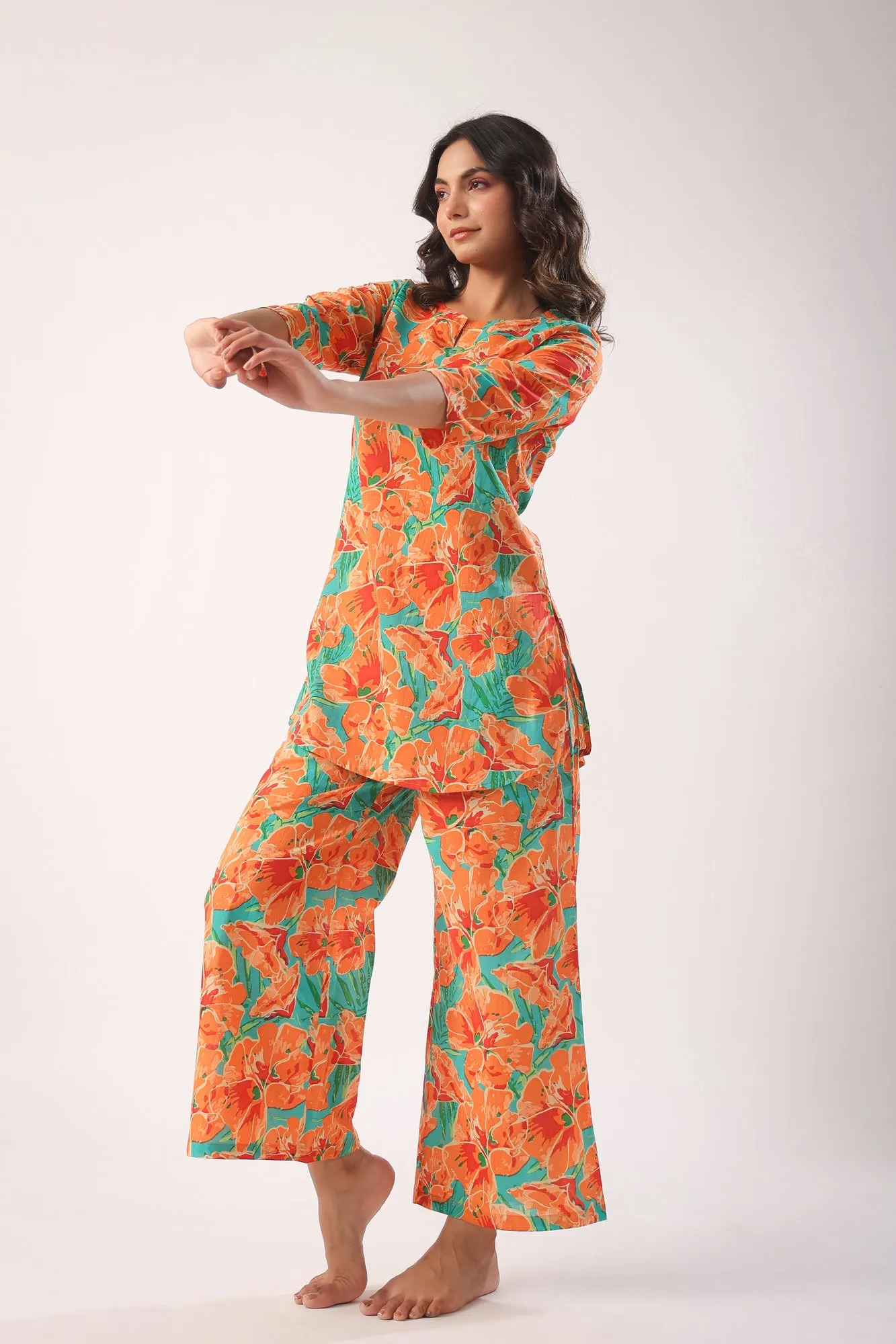 Orange Blooms on Sky Blue Palazzo Loungewear Set